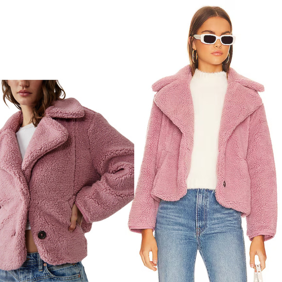 Free People Joplin Cozy Sherpa Faux Fur Teddy Jacket NWT Smoked Pink Medium $198 - Picture 4 of 6